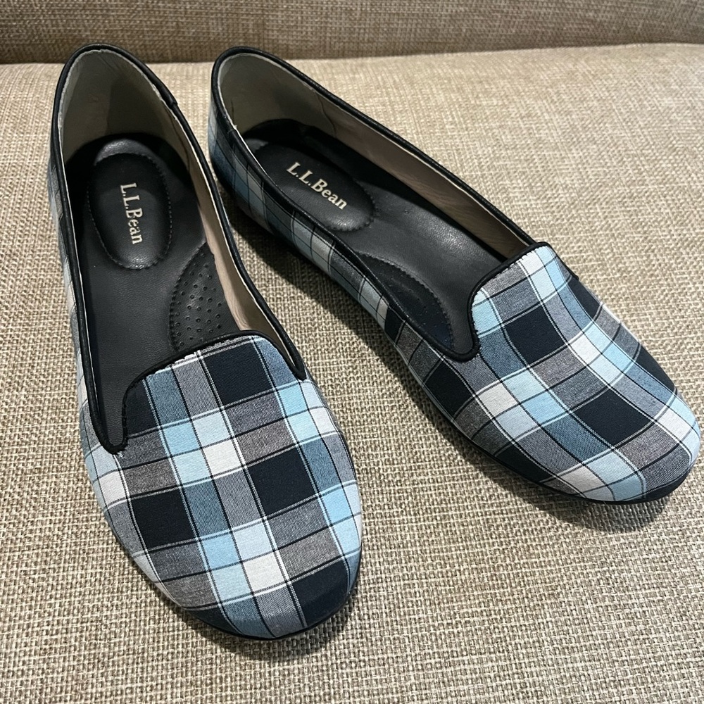 LL Bean Ballet Flats Women's 8M Plaid Blue Black White Preppy Comfort Preppy
